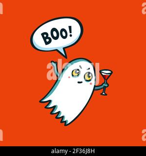 Mostro di Halloween. Simpatico fantasma con cocktail e boo bolla di discorso su sfondo arancione. Illustrazione di Cartoon Vector Illustrazione Vettoriale