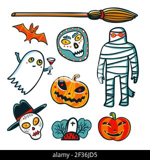 Elementi di design Halloween. Zucche di cartoni animati, mummia, pipistrello, fantasma e teschi su sfondo bianco. Adesivi Halloween. Illustrazione vettoriale. Illustrazione Vettoriale