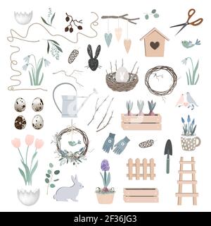 Vettore scandinavo Pasqua Set con decorazione primavera, attrezzi da giardino, bunny figura, rami salice, uova, e nido. Collezione di elementi di design per la stagione Illustrazione Vettoriale