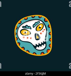 Dia de Los Muertos. Poster Day of the Dead Vector con teschio festivo di zucchero su sfondo scuro. Illustrazione vettoriale cartoon. Illustrazione Vettoriale