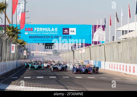 02 UCCELLO Sam (gbr), Audi e-tron FE05 team Envision Virgin Racing, azione 23 BUEMI Sebastien (che), Nissan IM01 team Nissan e-dams, inizio azione durante il campionato di Formula e 2019, a Marrakech in Marocco, dal 11 al 12 gennaio - Foto Gregory Lenenmand / DPPI Foto Stock