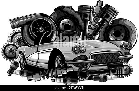 Monocromo vintage car components collection witn motore a pistone fari pneumatici volante tachimetro ammortizzatore cambio Illustrazione Vettoriale