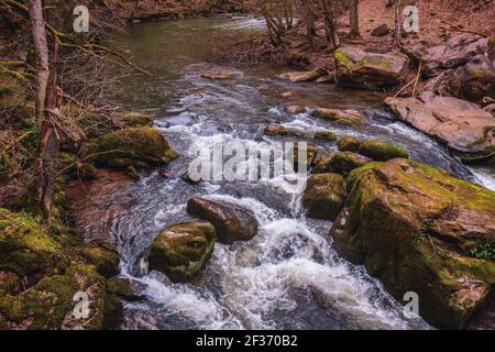 Le cascate Irrel del Prüm. Le rapide nella parte inferiore del Prüm vicino Irrel in Eifel, Germania. Foto Stock