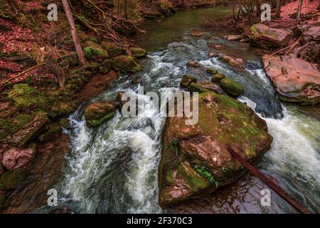 Le cascate Irrel del Prüm. Le rapide nella parte inferiore del Prüm vicino Irrel in Eifel, Germania. Foto Stock