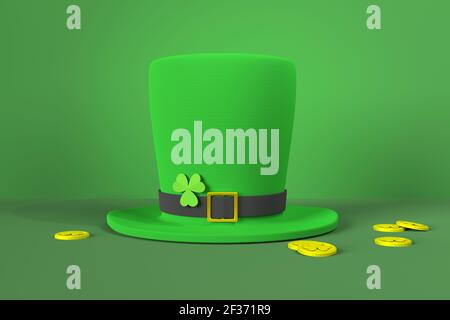 Illustrazione per il giorno di San Patrizio. Cappello verde Leprechaun con foglia di trifoglio su sfondo verde con monete d'oro. rendering 3d Foto Stock