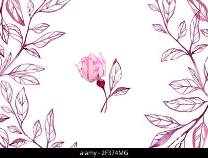 Banner watercolor. Rosa germoglio trasparente con foglie di inchiostro isolate su bianco. Opere d'arte vintage dipinte a mano. Illustrazione botanica per le schede Foto Stock