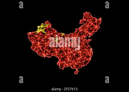 Mappa della Cina, mappa delle linee di mesh poligonale, mappa delle bandiere Foto Stock