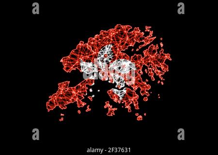 Mappa di Hong Kong, mappa delle linee di mesh poligonale, mappa delle bandiere Foto Stock
