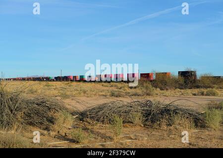Container box su un treno merci nel sud-ovest dell'Arizona, vicino a Wellton in direzione di Yuma, Arizona, USA in giornata di sole. Foto Stock