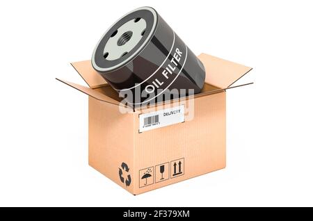 Filtro dell'olio per auto all'interno della scatola di cartone, concetto di consegna. Rendering 3D isolato su sfondo bianco Foto Stock