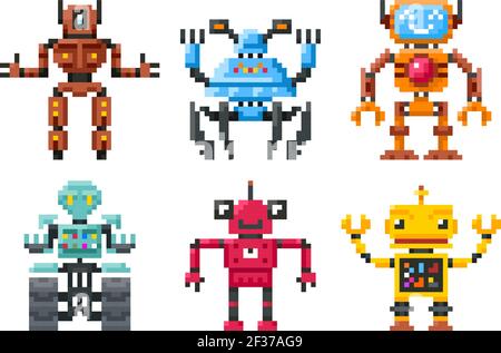 Icone dei robot pixel. 8 bit bots vettore isolato. Set di robot in stile pixel, illustrazione robot a colori Illustrazione Vettoriale
