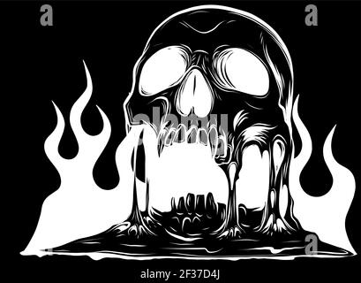 Cranio a fuoco vettoriale con classica silhouette di fiamme tribali in nero sfondo Illustrazione Vettoriale