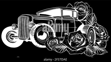 auto d'epoca, garage con asta calda, silhouette su sfondo nero Illustrazione Vettoriale