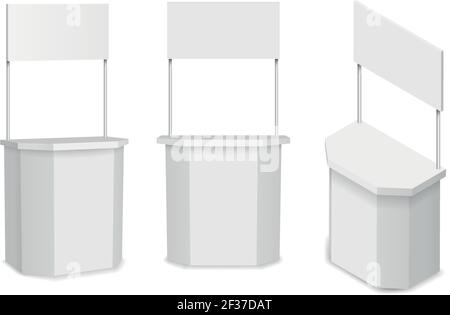 Stand vuoto bianco o banco promozione. Negozio commerciale e vendita al dettaglio, illustrazione vettoriale Illustrazione Vettoriale