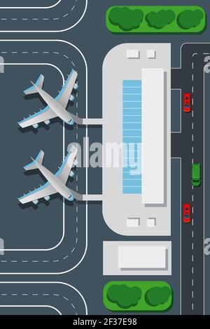 Illustrazione vettoriale vista dall'alto AirPort. Piazzola di atterraggio e aeroplani. Aereo di viaggio, rline, terminal aeroporto Illustrazione Vettoriale