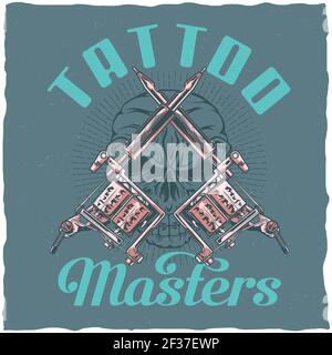 Design dell'etichetta della T-shirt con illustrazione delle macchine per tatuaggio Illustrazione Vettoriale