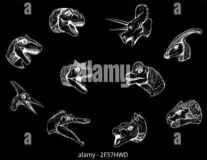 Collezione di cartoni animati dinosauri, silhouette su sfondo nero Illustrazione Vettoriale