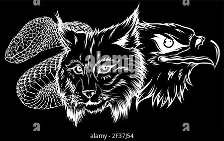 Lynx Wildcat Eagle Snake Logo Mascot silhouette su sfondo nero Illustrazione Vettoriale