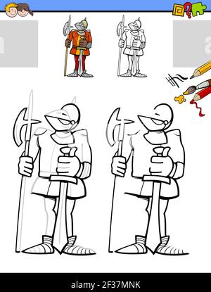 Illustrazione cartoon di disegno e colorazione attività educative per i bambini con carattere cavaliere Illustrazione Vettoriale