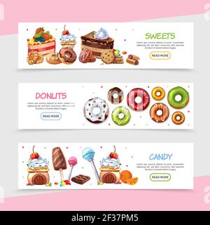 Cartoon prodotti dolci striscioni orizzontali con caramelle luminose torte di ghiaccio crema di cioccolato bar lollipop biscotti ciambelle con diversi ingredienti vettore Illustrazione Vettoriale