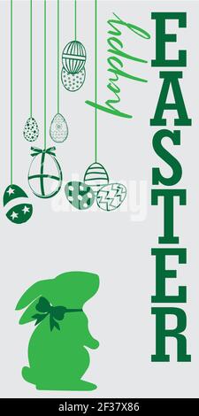 Happy poster di Pasqua con uova e simpatico coniglietto in verde su sfondo grigio - vettore Illustrazione Vettoriale