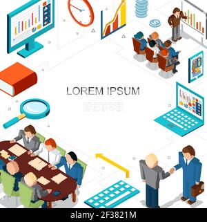 Concetto isometrico di business e finanza con conferenza di lavoro orologio coins magnifier diagrammi grafici grafici su computer laptop tablet vect Illustrazione Vettoriale