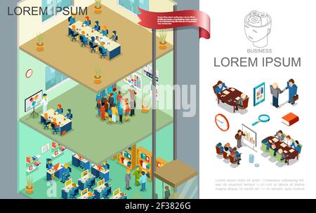 Composizione di affari colorata isometrica con la gente prende parte al commercio presentazione di riunioni e formazione su diversi piani illustrazione vettoriale Illustrazione Vettoriale