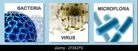 Carte colorate realistiche per microbiologia con virus germi e batteri illustrazione vettoriale isolata Illustrazione Vettoriale
