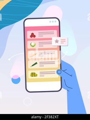 mano umana utilizzando l'app mobile per ordinare generi alimentari consegna rapida acquisto online e-commerce ordine alimentare Illustrazione Vettoriale