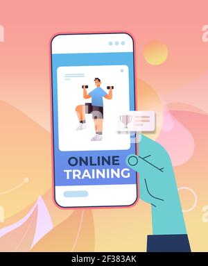 mano utilizzando l'app di fitness mobile uomo che fa esercizi fisici con dumbbells su workout di addestramento dello schermo dello smartphone Illustrazione Vettoriale