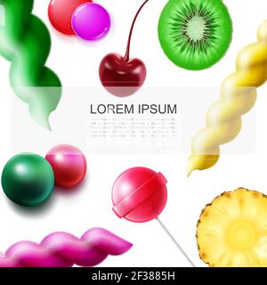 Modello realistico di prodotti dolci alla frutta con pezzi di ananas kiwi ciliegia colorful gengive lollipop candies illustrazione vettoriale Illustrazione Vettoriale