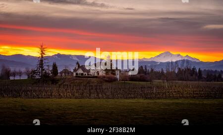 Orange e Yellow Sky all'alba nella Fraser Valley della Columbia Britannica, Canada con il Monte Baker, un vulcano dormiente nello Stato di Washington, sull'hori Foto Stock