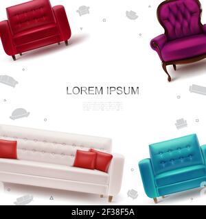 Oggetti d'arredamento colorato modello con poltrone morbide e divano in pelle con cuscini in stile realistico illustrazione vettoriale Illustrazione Vettoriale