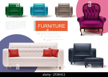 Composizione di elementi di arredamento realistici con testo morbido poltrone colorate e. divano con cuscini illustrazione vettoriale Illustrazione Vettoriale