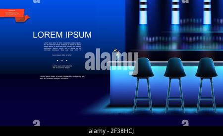 Sfondo realistico interno del bar notturno con sedie cocktail al banco e bottiglie di bevande alcoliche su scaffali illustrazione vettoriale Illustrazione Vettoriale