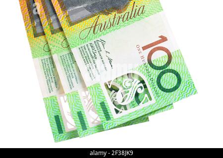 Cento banconote in dollari australiani (AUD) su sfondo bianco Foto Stock