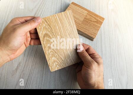 Scelta del colore laminato. Ventilatore in legno colorato per pavimenti. Campioni per parquet, scelta del colore del pavimento. Foto Stock