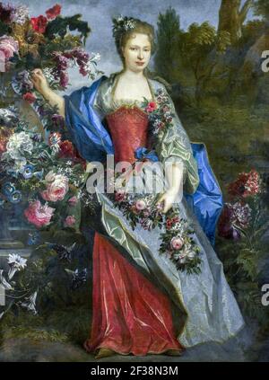 Ritratto di una donna, secondo la tradizione Marie-Louise Elisabeth d'Orléans, duchesse de Berry, come Flora. In piedi, a tutta lunghezza, circondato da fiori Foto Stock