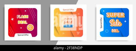 Tre serie di banner quadrati in vendita. Modello di design geometrico moderno con gradiente astratto. Adatto per la pubblicità e la promozione in post sui social media Illustrazione Vettoriale