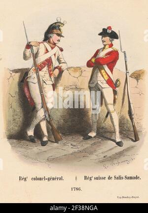 Stampa dopo Henri Félix Emmanuel Philippoteaux, di Régiment colonel-général & Régiment suisse de Salis-Samade, 1786. Foto Stock