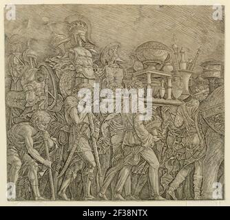 Stampa, parte del Trionfo di Cesare dipinto da Andrea Mantegna (1431-1506)- soldati che trasportano Trofei, ca. 1500 Foto Stock