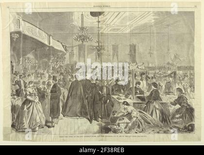 Stampa, Grande Fiera data alla City Assembly Rooms, New York, Dicembre 1861, in aiuto di City Poor, da Harper's Weekly, Dicembre 28, 1861, pp. 824-825., 28 dicembre 1861 Foto Stock