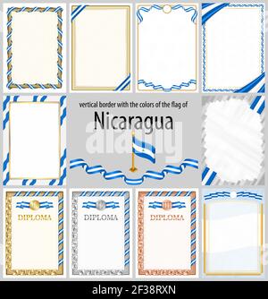 Set di cornici verticali e bordi nei colori della bandiera del Nicaragua, elementi modello per il vostro certificato e diploma. Vettore. Illustrazione Vettoriale