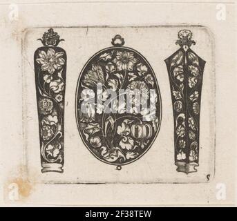 Stampa, ''oblungo Filet fiancheggiato da due custodie ago (.)'', piastra 5 da ''Goldsmith Ornament Designs'', ca. 1648 Foto Stock