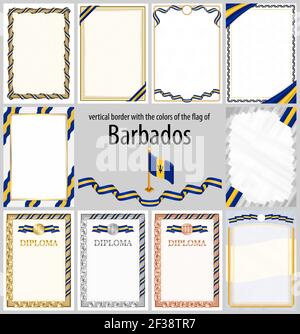 Set di cornici verticali e bordi nei colori della bandiera delle Barbados, elementi modello per il vostro certificato e diploma. Vettore. Illustrazione Vettoriale
