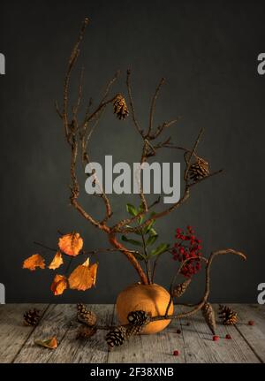composizione di rami di pino con coni, bacche di rowan e un ramo con foglie d'autunno. Foto Stock