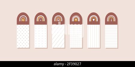 Adesivi con arcobaleni boho. Modello di progettazione per organizzare il pianificatore, diario o blocco note. Simpatica illustrazione vettoriale in stile cartoon piatto Illustrazione Vettoriale