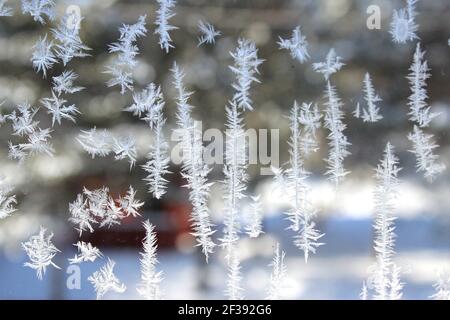 Frosty schema naturale su inverno vetro del finestrino Foto Stock