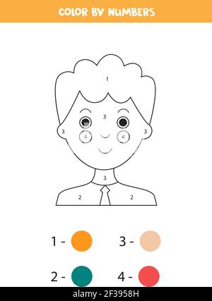 Pagina da colorare con il viso del ragazzo carino. Colore per numeri. Gioco di matematica per bambini. Illustrazione Vettoriale