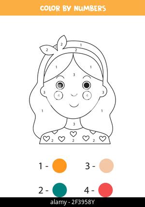 Colorazione pagina con cute ragazza faccia. Colore per numeri. Gioco di matematica per bambini. Illustrazione Vettoriale